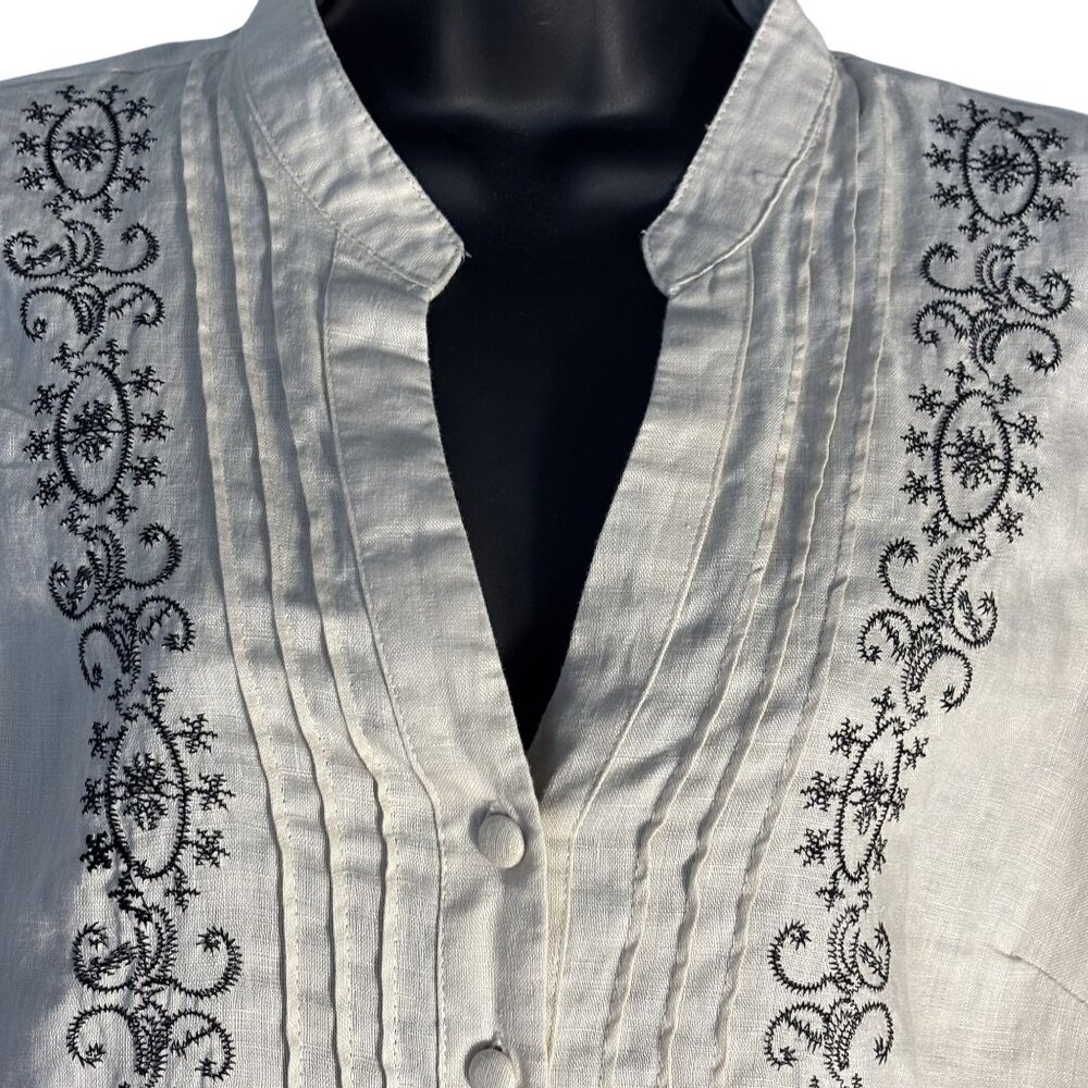 Vintage Carole Little XL Linen Sleeveless Button Front Blouse Black Embroidery